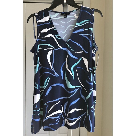 ALFANI BLOUSES TOP TUNIC SIZE SMALL SLEEVELES V-NECK BLUE PRINTED - Picture 2 of 13